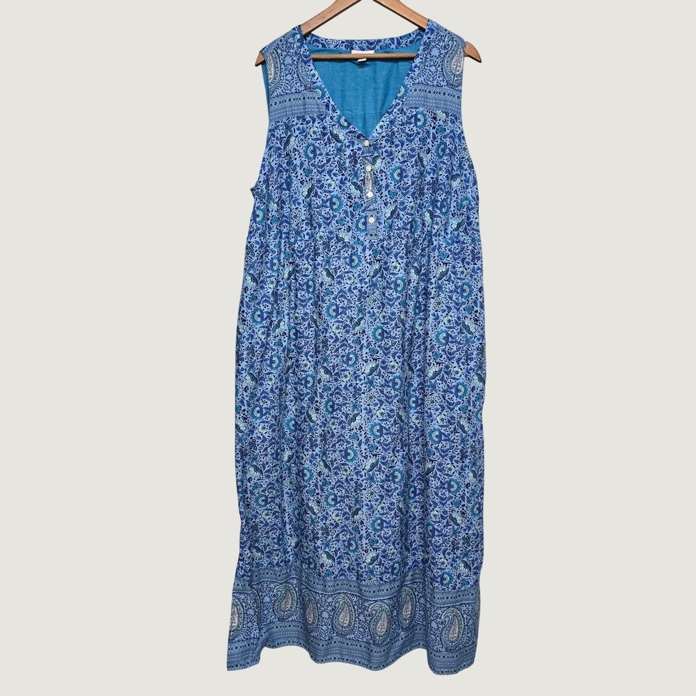 Pure Jill Maxi Dress Womens 2X Blue Floral Cotton Sleeveless Pockets Bohemian
